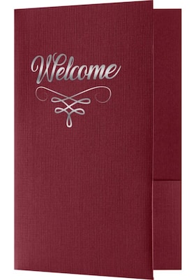LUX Welcome Folders - Standard Two Pockets 50/Pack, Burgundy Linen w/Silver Foil Flourish (EL-DB100-