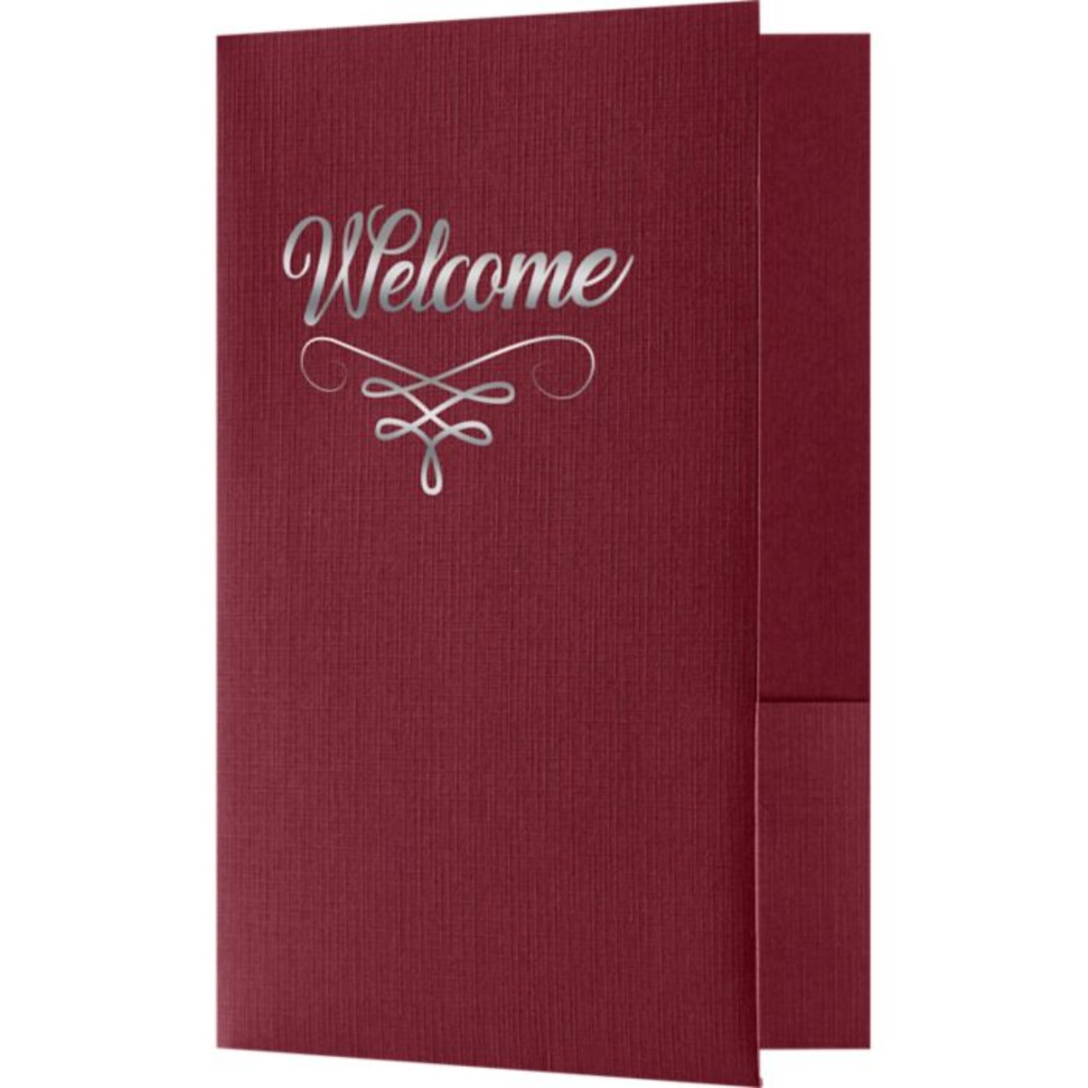 LUX Welcome Folders - Standard Two Pockets 50/Pack, Burgundy Linen w/Silver Foil Flourish (EL-DB100-FSF-50)