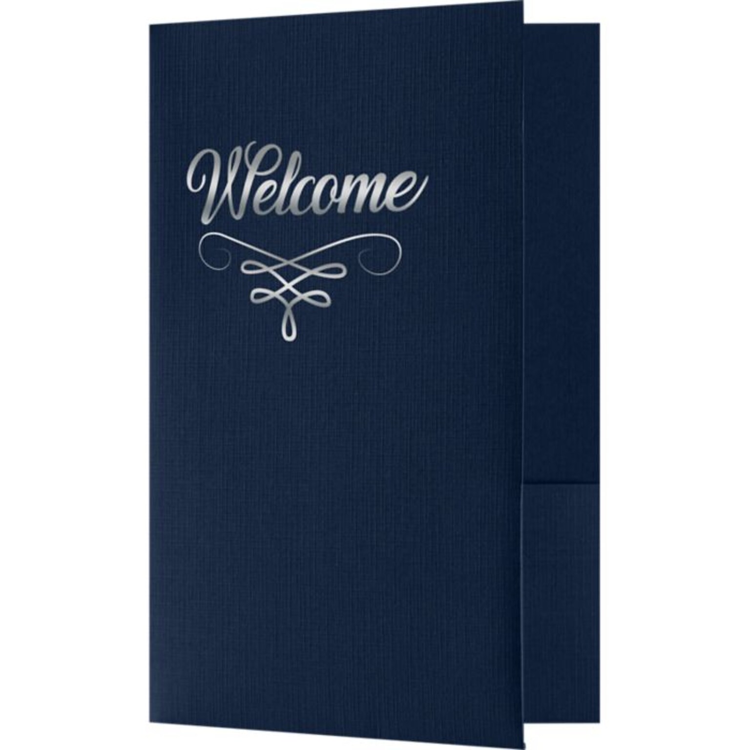 LUX Welcome Folders Standard Two Pockets, Dark Blue Linen/Silver Foil Flourish, 25/Pack (DDBLU100-FSF-25)