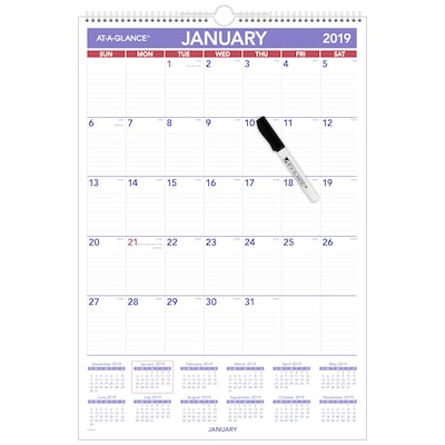 AT-A-GLANCE® Erasable Monthly Wall Calendar, 12 Months, January Start, 15 1/2 x 22 3/4, Wirebound (PMLM03-28-19)