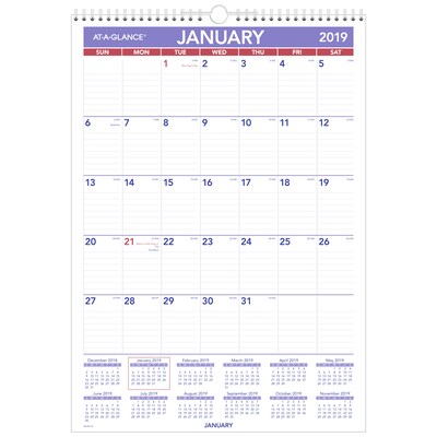 AT-A-GLANCE® Erasable Monthly Wall Calendar, 12 Months, January Start, 12 x 17, Wirebound (PMLM02-28-19)