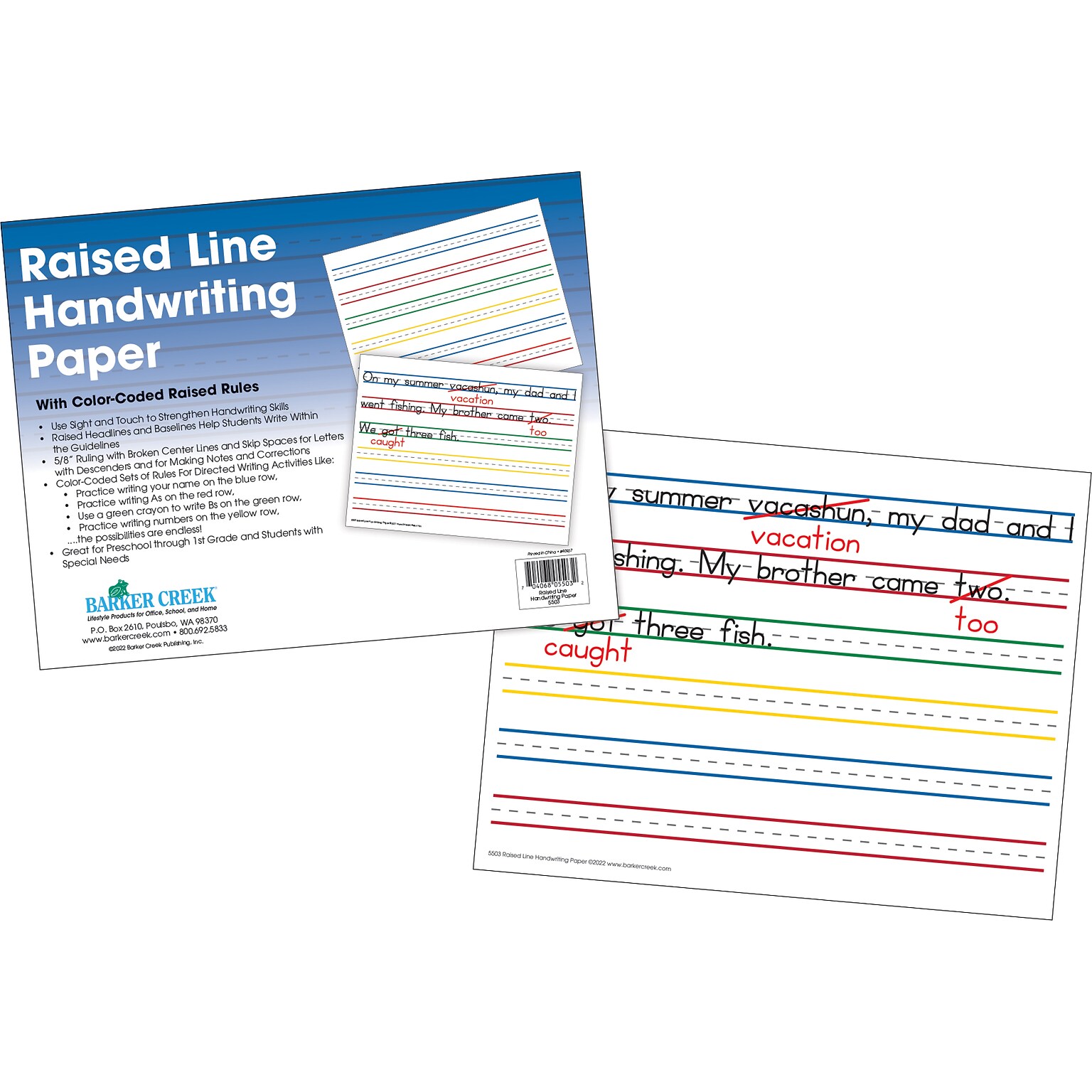 Barker Creek Raised Rule Handwriting Practice Paper, 8.5 x 11, 60 lbs., Multicolored, 50 Sheets/Pack (5503)