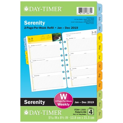 2019 Day-Timer® Serenity Two Page Per Week Refill, 12 Months, January Start, Loose-Leaf, Desk Size, 5 1/2” x 8 1/2” (13691-1901)