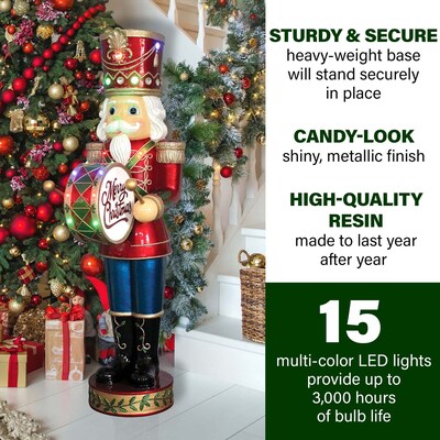 Fraser Hill Farm 5-Ft. Nutcracker Playing Bass Drum w/ Moving Hands Music Timer (FFRS060-NC5-RD)
