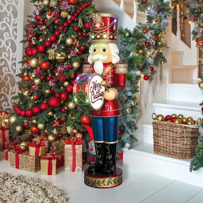 Fraser Hill Farm 5-Ft. Nutcracker Playing Bass Drum w/ Moving Hands Music Timer (FFRS060-NC5-RD)