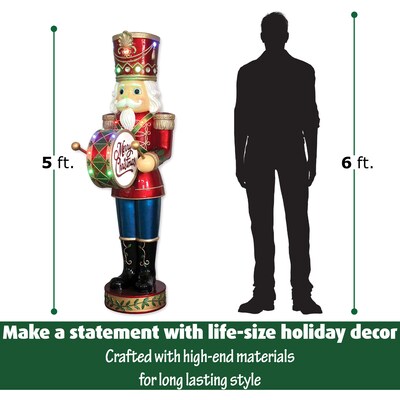 Fraser Hill Farm 5-Ft. Nutcracker Playing Bass Drum w/ Moving Hands Music Timer (FFRS060-NC5-RD)