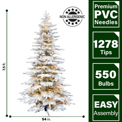 Fraser Hill Farm 7.5 ft. Flocked Pine Valley Pre-Lit Artificial Christmas Tree, 550 Lights (FFPV075-5SN)