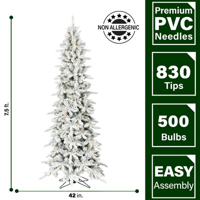 Fraser Hill Farm 7.5 ft. Slim Mountain Pine Flocked Pre-Lit Artificial Christmas Tree, 500 Lights (FFMPS075-5SN)