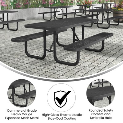 Flash Furniture Mantilla Rectangular Outdoor Picnic Table with Mesh Top and Seats, 6' Black (SLFEML72BK)