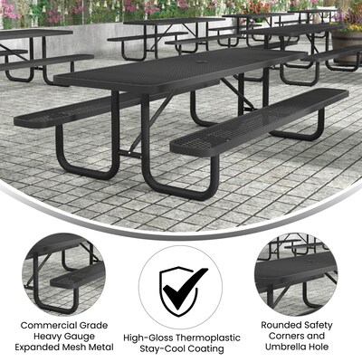 Flash Furniture Mantilla Rectangular Outdoor Picnic Table with Mesh Top and Seats, 8' Black (SLFEML96BK)