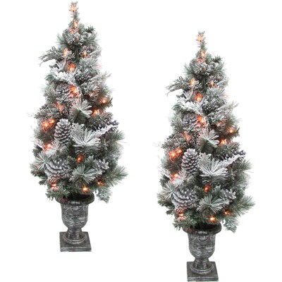 Fraser Hill Farm 4-Ft. Christmas Pre Lit Snow Flocked Porch Trees (FF048CHPT001-1SN/S2)