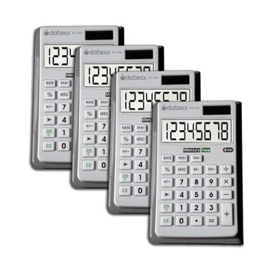 Datexx DH-250X4 8-Digit Wallet Calculator, White, 4/Set