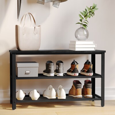 Flash Furniture Easton Iron/Wood 3-Tier Wooden Entryway Bench, Blackwash/Black (HGWAB3TBLKWSH)