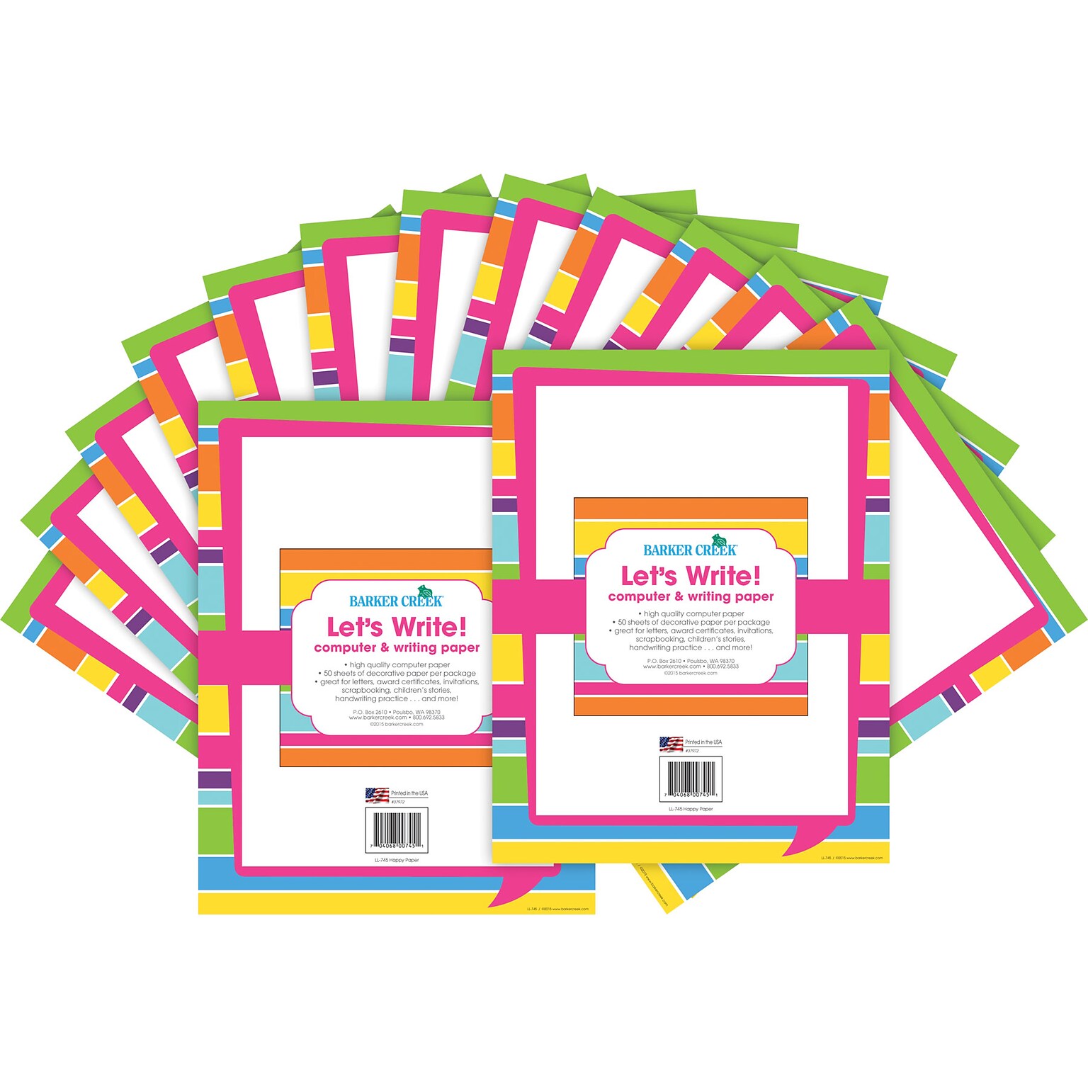 Barker Creek Happy Computer Paper, 8.5 x 11, 60 lbs., Multicolored, 100 Sheets/Pack (BC3625)