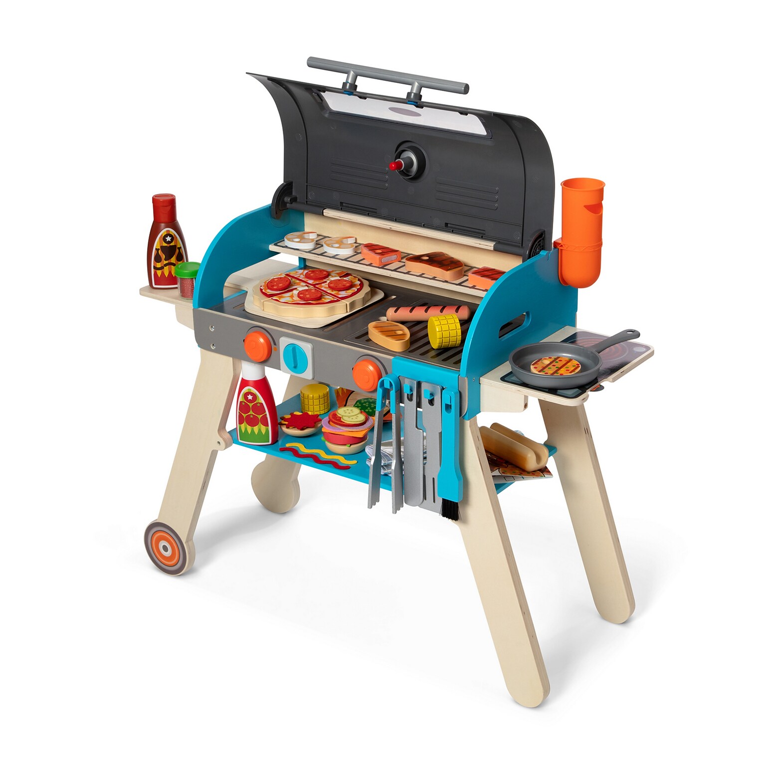 Melissa & Doug Wooden Deluxe Barbecue Grill, Smoker and Pizza Oven Play Food Toy (30608)