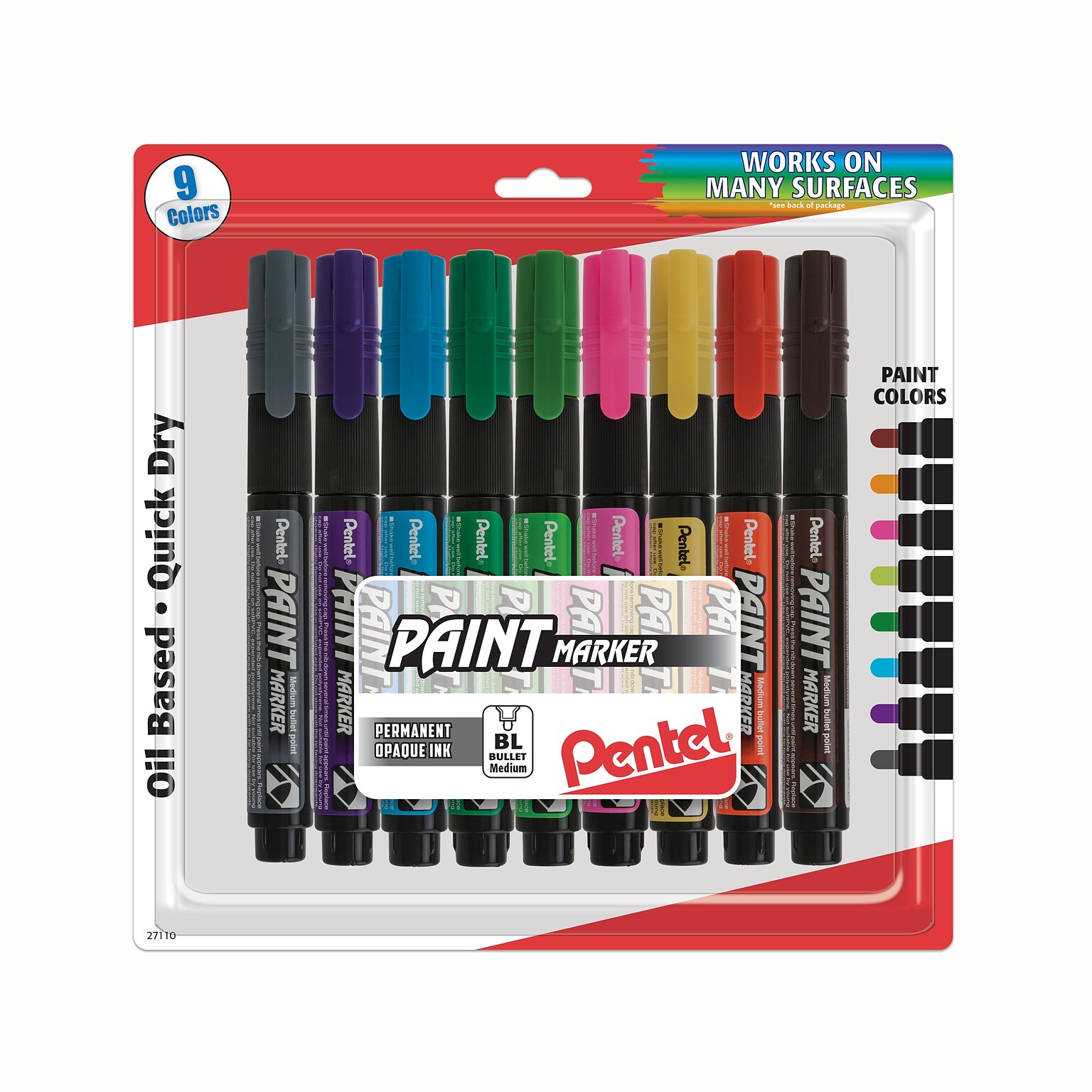 Pentel Opaque Paint Markers, Bullet Tip, Assorted, 9/Pack (MMP20BP9M)