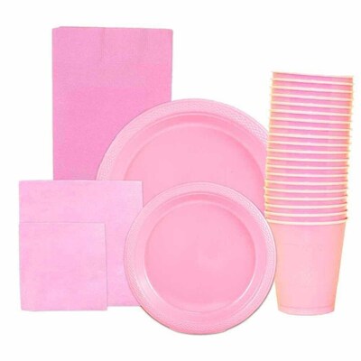 JAM PAPER Party Supply Assortment, Baby Pink Pastel, Plates, Napkins, Cups & Tablecloth, 6/Pack (255