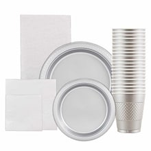 JAM PAPER Party Supply Assortment, Silver, Plates, Napkins, Cups & Tablecloth, 6/Pack (255PPSLVS)