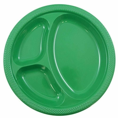 JAM PAPER 3 Compartment Divided Plates, 10 1/4 inch, Plastic, Green, 20/Pack  (10255CPGLS)