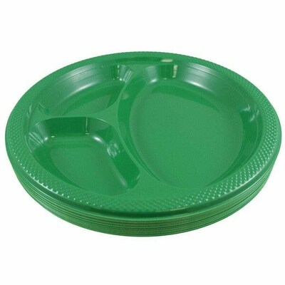 JAM Paper 10 1/4" 3-Compartment Plastic Plates, Green, 20 Plates/Pack (10255CPGLS)