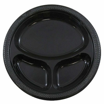 JAM PAPER 3 Compartment Divided Plates, 10 1/4 inch, Plastic, Black, 20/Pack  (10255CPGLS)