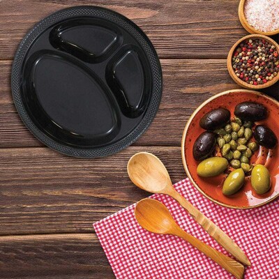 JAM Paper 10 1/4" 3-Compartment Plastic Plates, Black, 20 Plates/Pack (10255CPGLS)