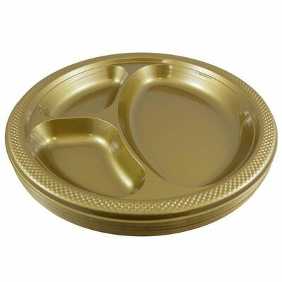 JAM Paper 10 1/4 3-Compartment Plastic Plates, Gold, 20 Plates/Pack (10255CPGLS)