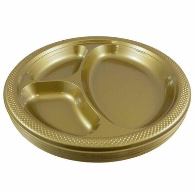 JAM PAPER 3 Compartment Divided Plates, 10 1/4 inch, Plastic, Gold, 20/Pack  (10255CPGLS)