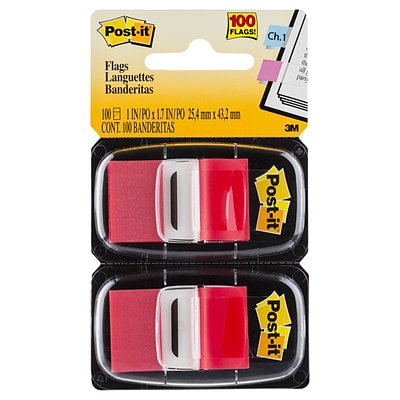 Post-it® Flags, 1 Wide, Red, 100 Flags/Pack (680-RD2)