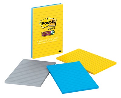 Post-it® Super Sticky Notes, 4 x 6 New York Collection, Lined, 100 Sheets/Pad, 3 Pads/Pack (660-3SSNY)