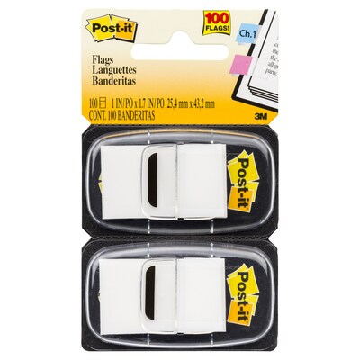Post-it® Flags, 1 Wide, White, 2 Pads of 50, 100 Flags/Pack (680-WE2)