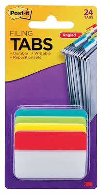 Post-it® Tabs, 2 Wide, Angled, Solid, Assorted Colors, 24 Tabs/Pack (686A-ALYR)