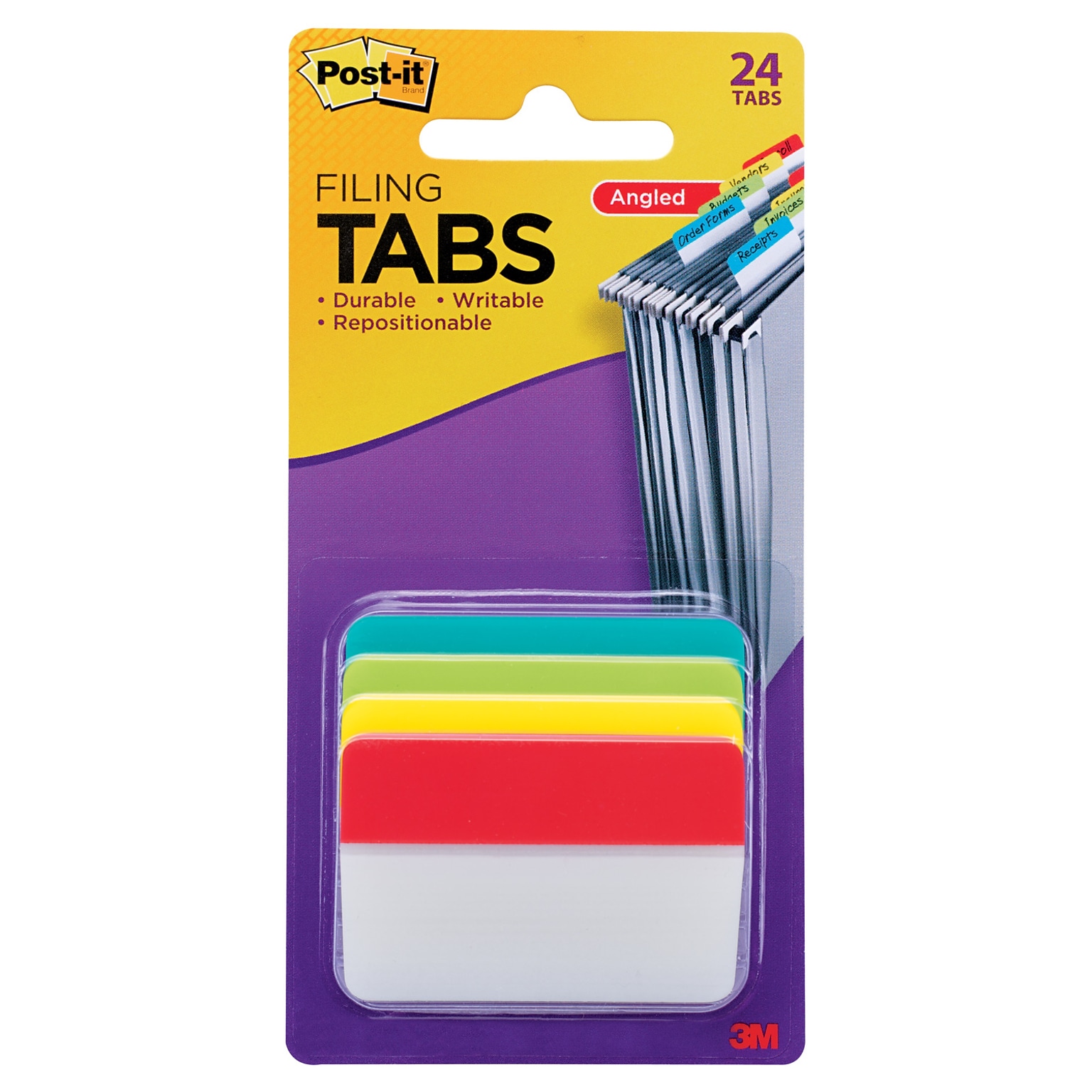 Post-it® Tabs, 2 Wide, Angled, Solid, Assorted Colors, 24 Tabs/Pack (686A-ALYR)