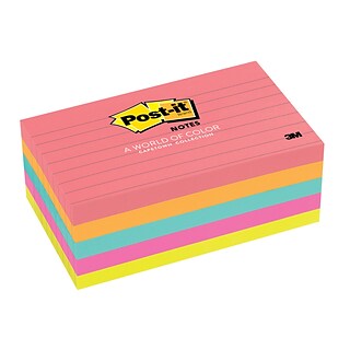 Post-it® Notes, 3 x 5 Cape Town Collection, Lined, 100 Sheets/Pad, 5 Pads/Pack (635-5AN)
