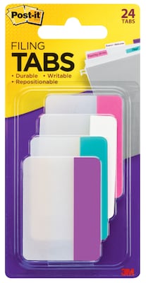 Post-it® Durable Filing Tabs, 2 Wide, Assorted Colors, 24 Tabs/Pack (686PWAV)