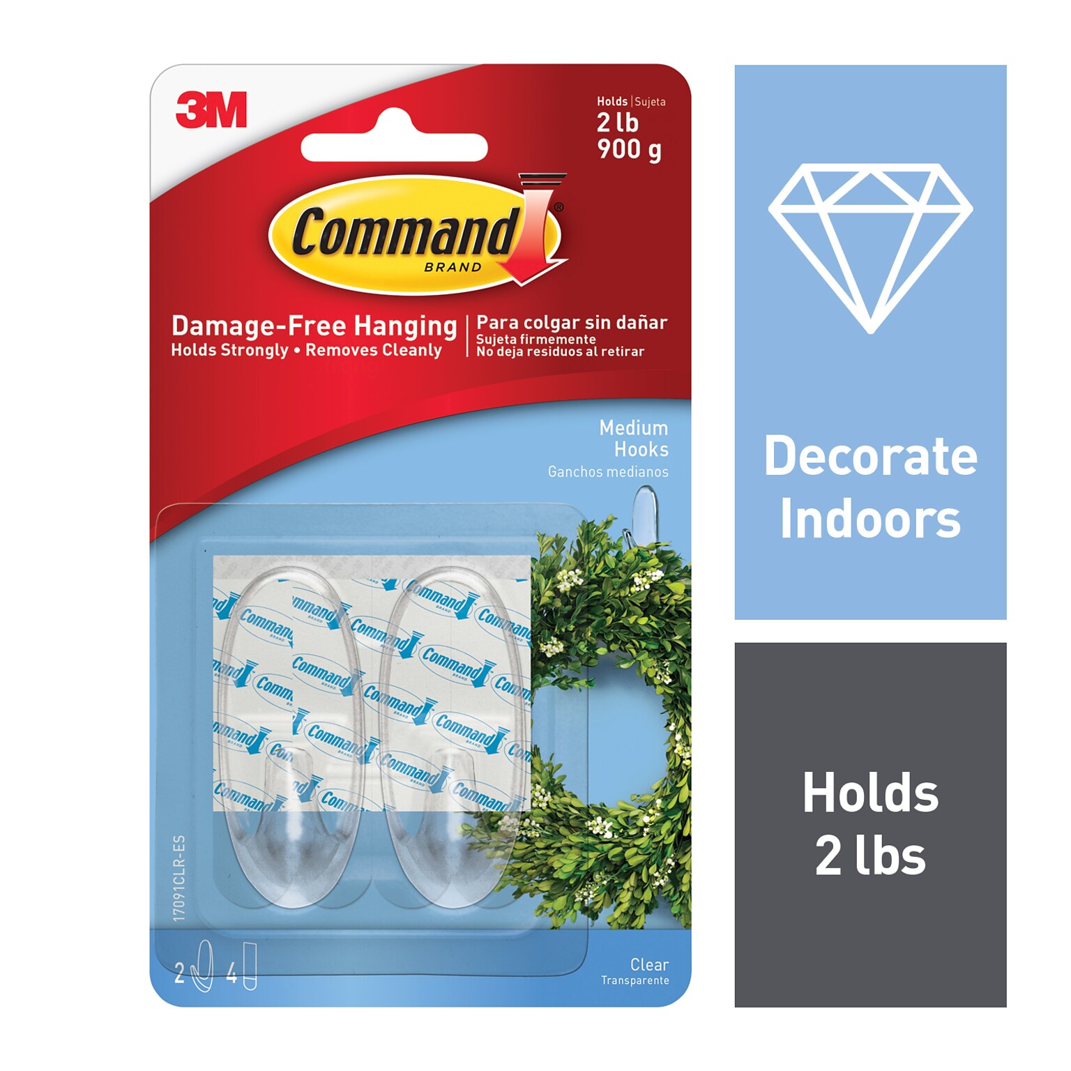 Command™ Medium Hooks, Clear, 2/Pack (17091CLR-ES)