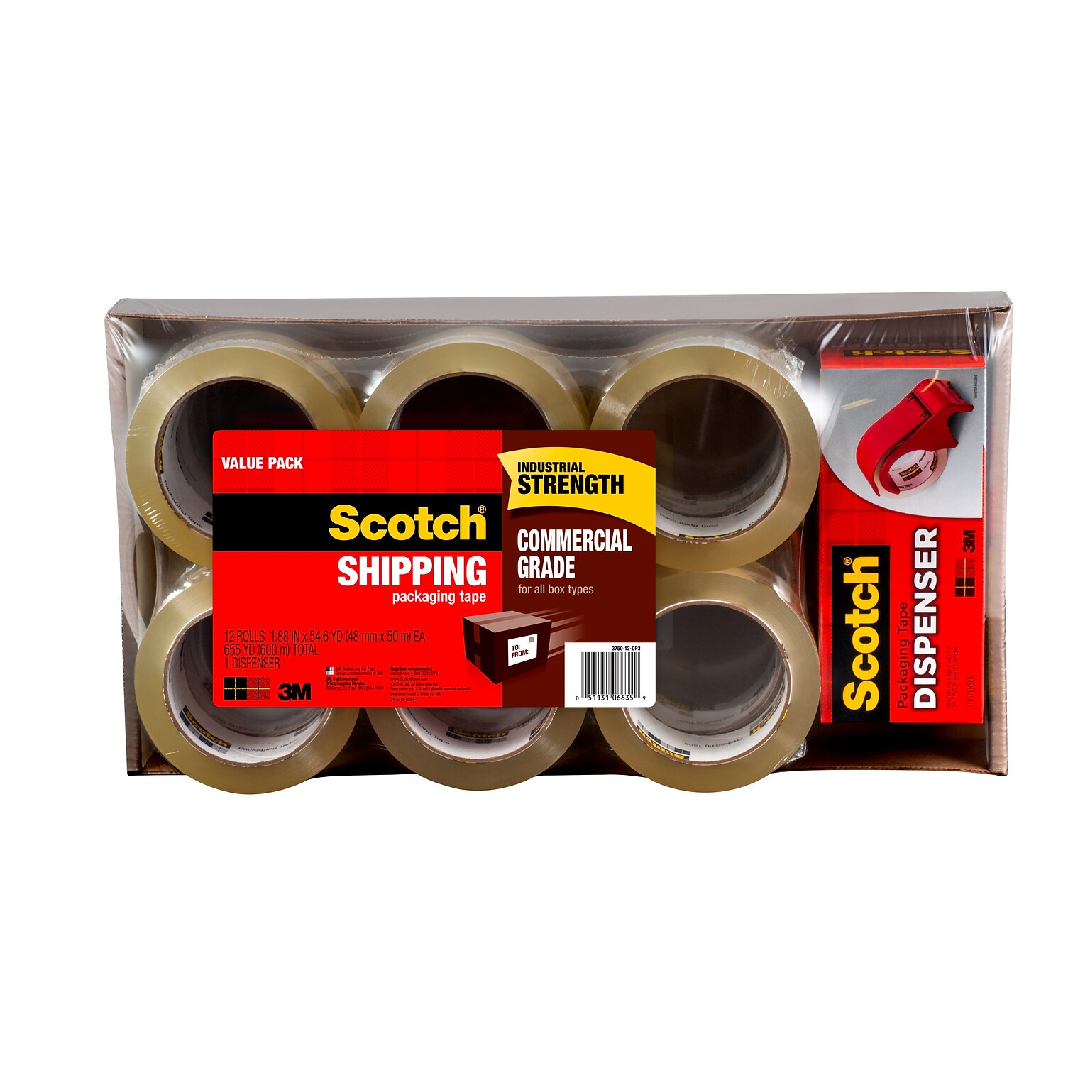Scotch® Commercial Grade Shipping Packing Tape, 1.88 x 54.6 yds., Clear, 12 Rolls (3750-12-DP3)