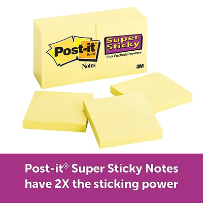 Post-it® Super Sticky Notes, 3 x 3, Canary Yellow, 90 Sheets/Pad, 10 Pads/Pack (654-10SSCY)