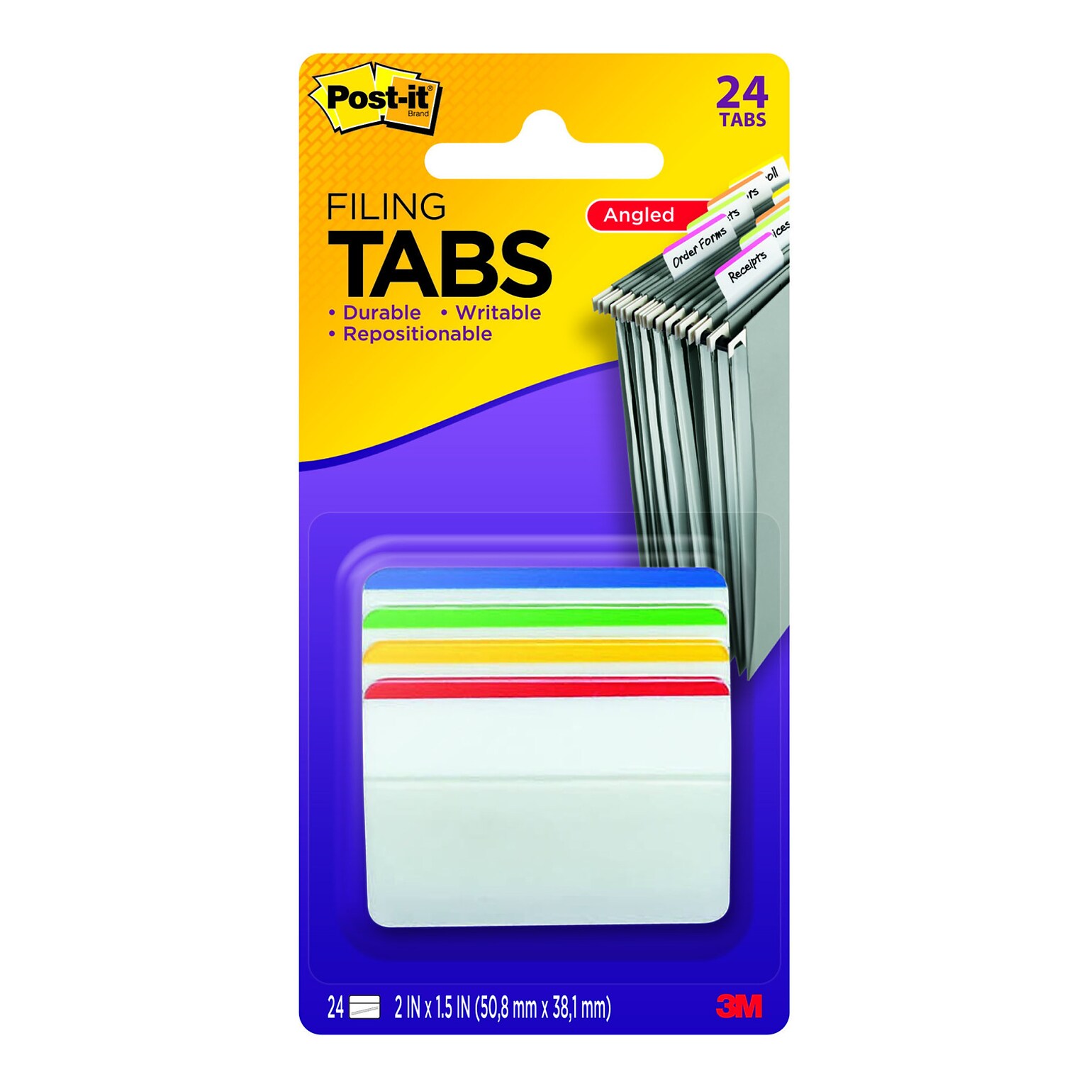 Post-It® Hanging File Folder Durable Tabs,  2 Wide, 4 Assorted Colors, Lined, 24 Tabs/Pack (686A1)