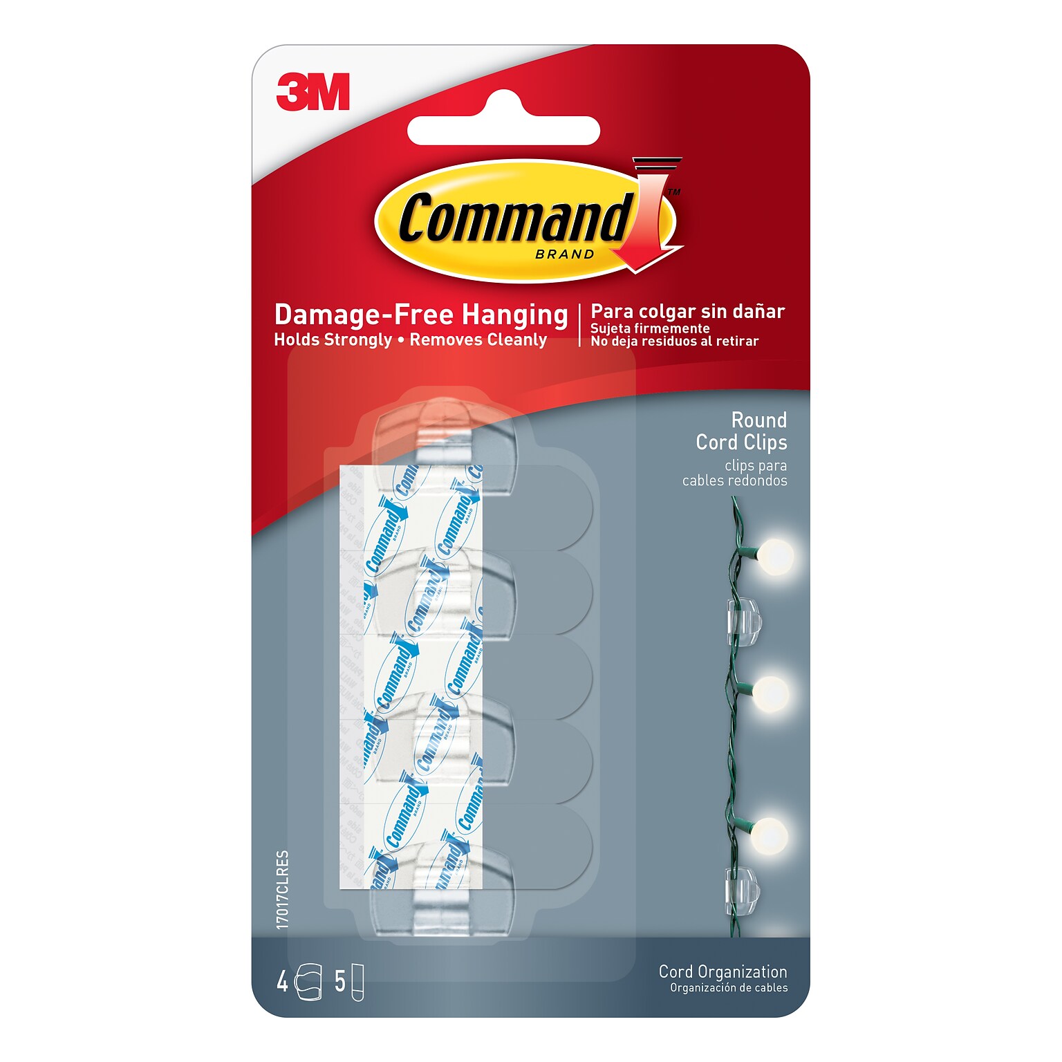 Command Round Cord & Light Clips, Clear, 4/Pack (17017CLR)