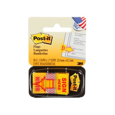Post-it® Sign Here Message Flags Value Pack, 1 Wide, Yellow, 1200 Flags/Pack (680-9-24)