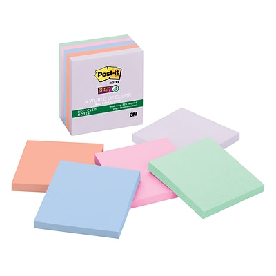 Post-it® Recycled Super Sticky Notes, 3 x 3, Bali Collection, 90 Sheets/Pad, 5 Pads/Pack (654-5SSNRP)