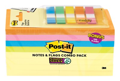 Post-it® Notes and Flags Combo, 3 x 3, Assorted Colors, 16 Pads/Pack, 1/2 Wide Flags w/ Dispenser (654-16SSCY-B)