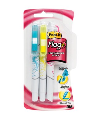Post-it® Flag + Highlighter & Pen, 150 Flags/Pack, 3 Highlighter Pens/Pack (691-HLP3-BLK)