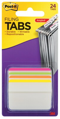 Post-it® Durable Tabs, 2 Wide, Angled, Lined, Assorted Colors, 24 Tabs/Pack (686A-1BB)