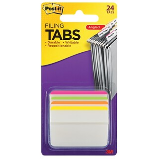 Post-it® Durable Tabs, 2 Wide, Angled, Lined, Assorted Colors, 24 Tabs/Pack (686A-1BB)