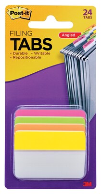 Post-it® Filing Tabs, 2 Wide, Angled, Solid, Assorted Colors, 24 Tabs/Pack (686A-PLOY)