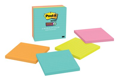 Post-it® Super Sticky Notes, 4 x 4, Miami Collection, Lined, 4 Pads/Pack (675-4SSMIA)