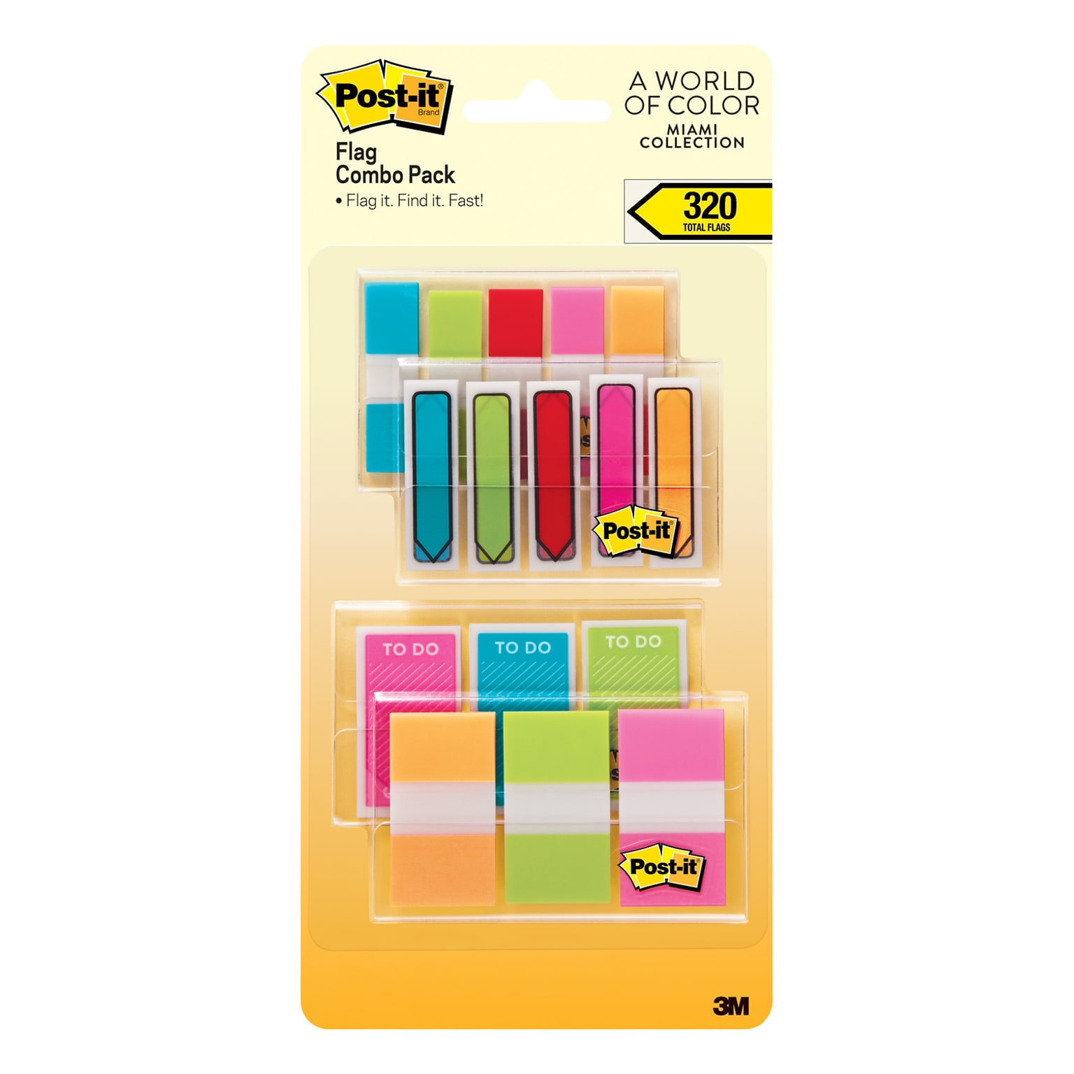 Post-it® 1/2 and 1 Flags, Miami Collection Combo Pack, 320 Flags/in Four On-The-Go Dispensers (683XLM)