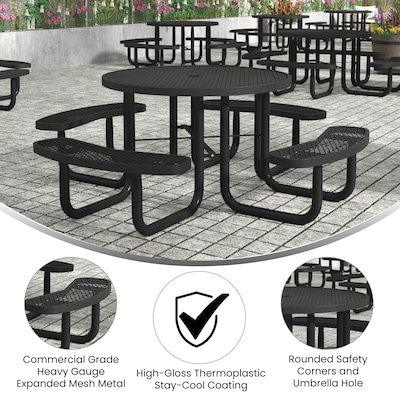 Flash Furniture Creekside Outdoor Picnic Table with Mesh Seats and Umbrella Hole, Black (SLFEMR46BK)